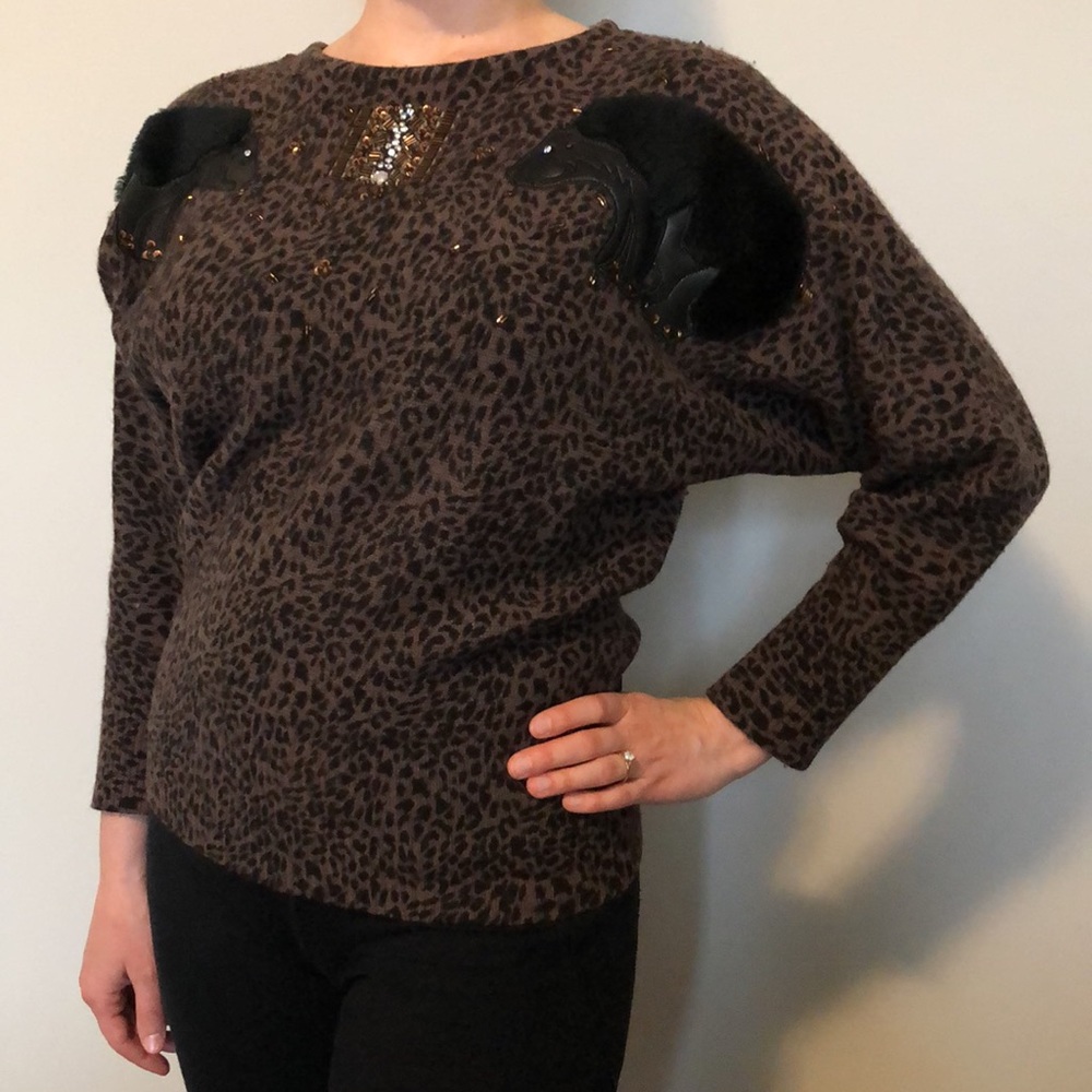 Vintage Leopard Print Sweater With Furry Bears